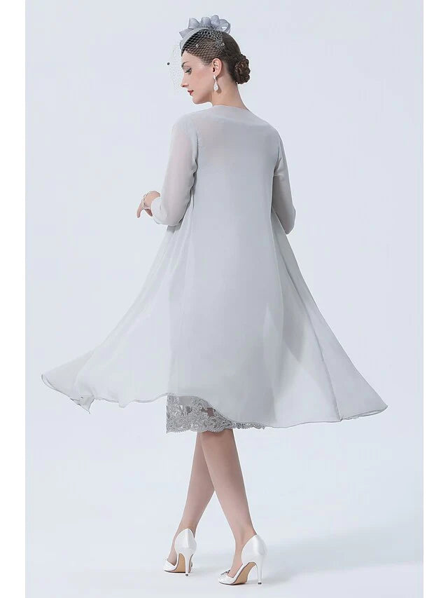 Wholesale Two Piece Mother of the Bride Dress Plus Size Vintage Sexy Jewel Neck Tea Length Chiffon 3/4 Length Sleeve with Lace